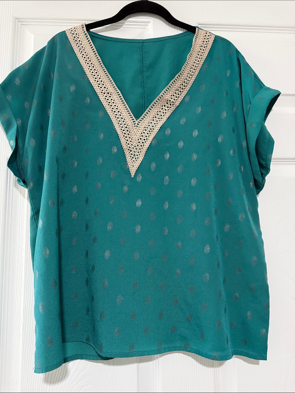 SHEIN Teal Short-Sleeve V-Neck Blouse with Cream Lace Trim